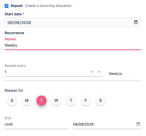 Weekly recurrence pattern with weekday picker