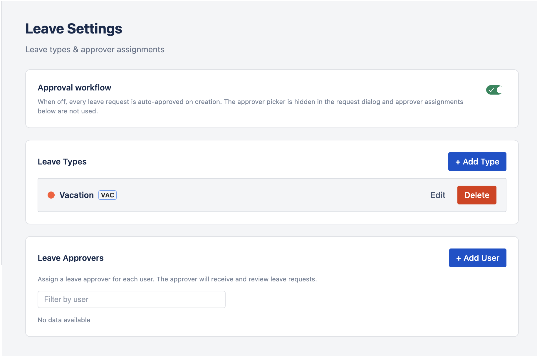 Leave Settings showing the Approval workflow toggle, Leave Types list, and Leave Approvers section