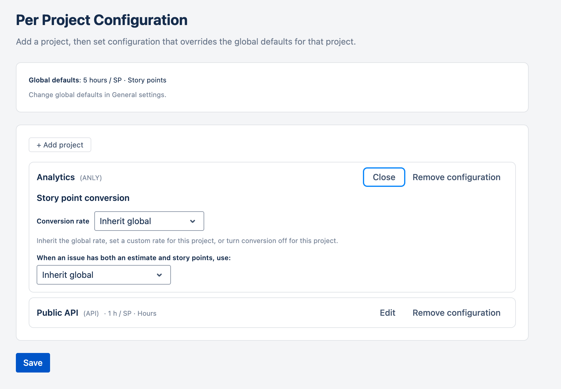 Per Project Configuration tab showing an added project with its story point conversion rate and priority, and Add project / Remove configuration actions