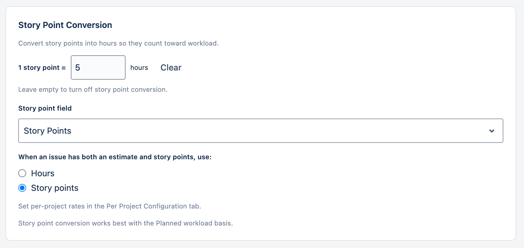 Story Point Conversion setting: hours per story point with a Clear action, the story point field picker, and the Hours vs Story points priority choice