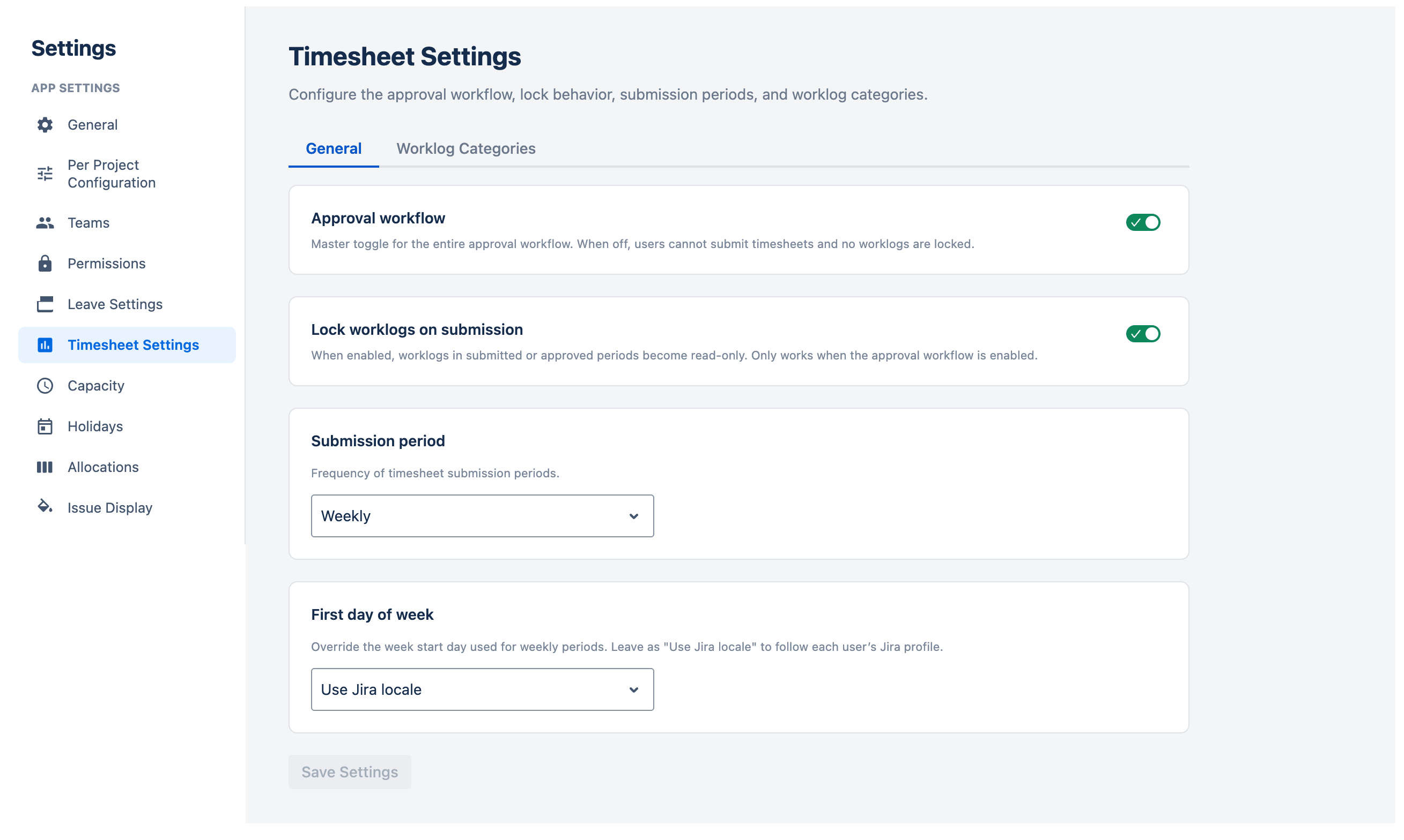 Timesheet Settings showing approval workflow toggle, submission period, and first day of week