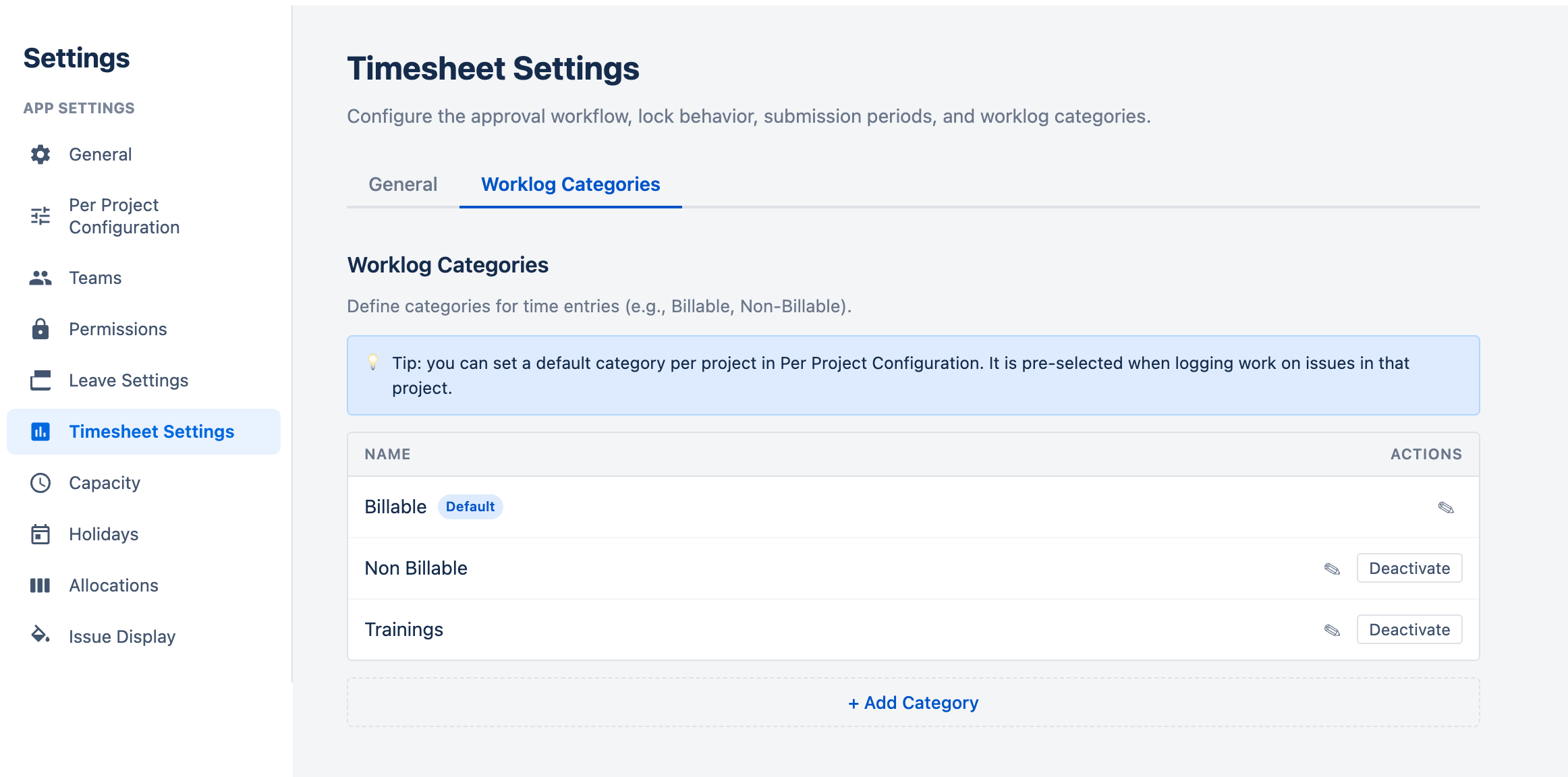 Worklog Categories tab showing a table of categories — Billable marked as Default, Non Billable and Trainings with Deactivate actions — and an Add Category button