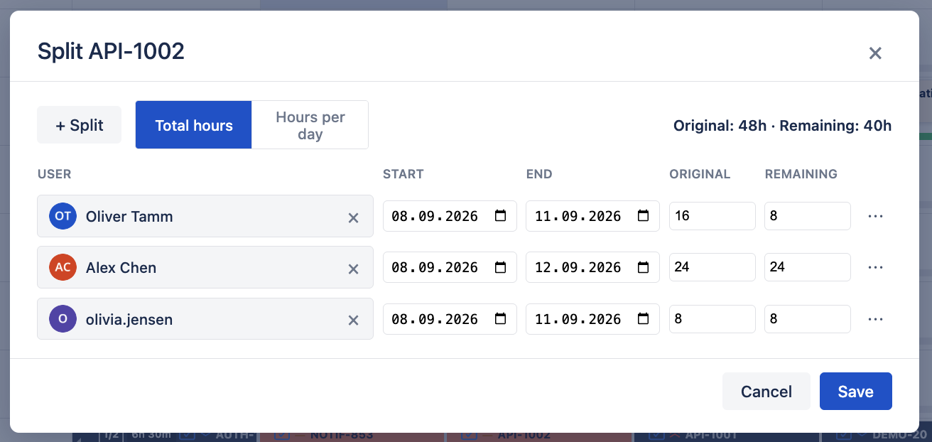 Split dialog for issue API-1002 dividing 48 hours across three people with separate dates and hours