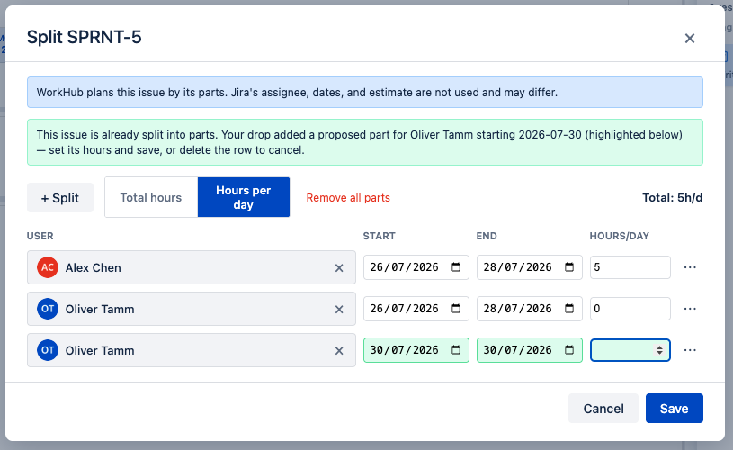 Dropping a split issue proposes a new highlighted part for the target user