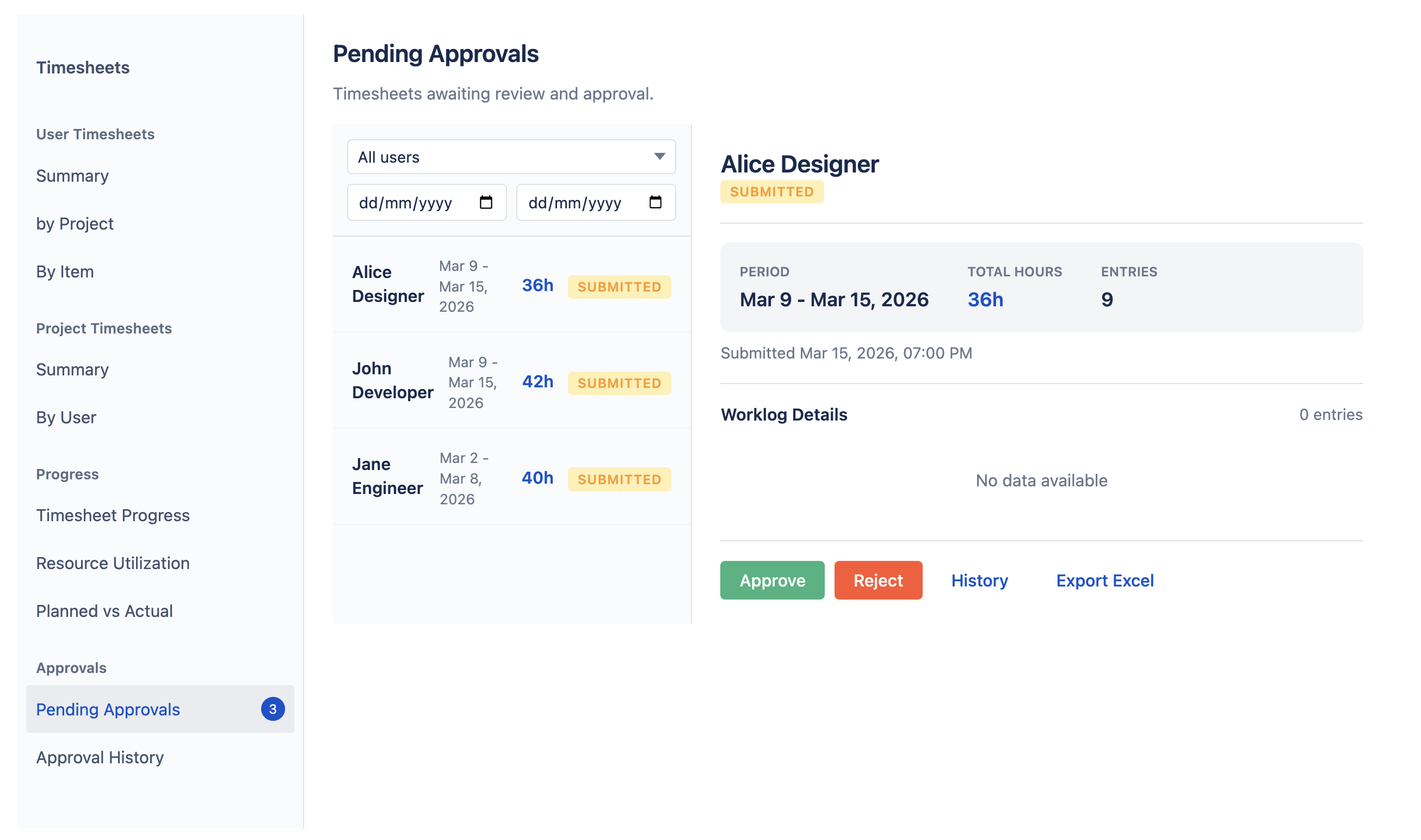A submitted WorkHub timesheet waiting for an approver to approve or reject it