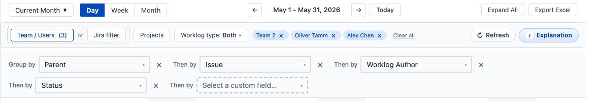 Custom Timesheets grouping configuration showing field level selectors