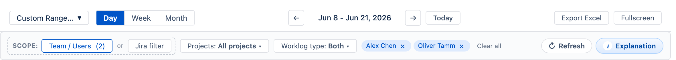 Timesheet toolbar showing period picker, Day/Week/Month scope selector, Team/Users and Jira filter pickers, a Filter dropdown, and Export button