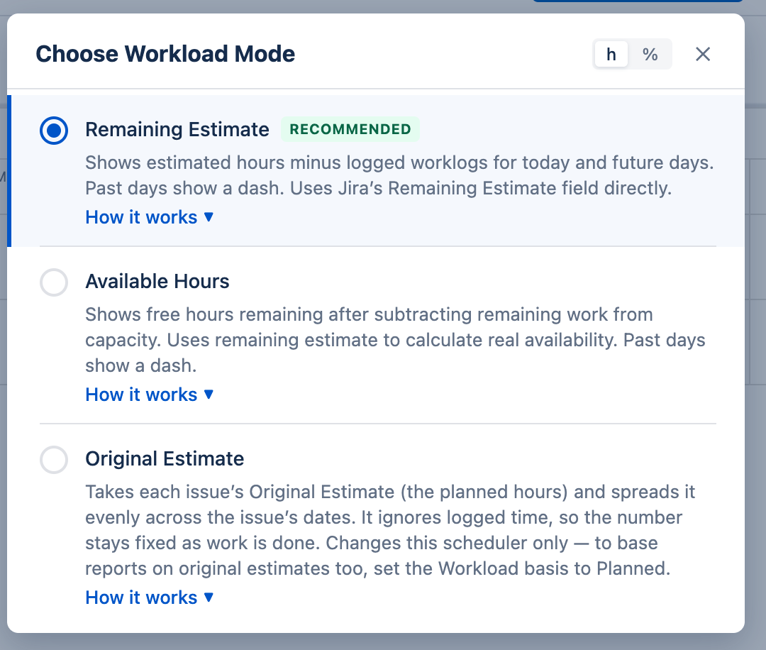 Workload indicator mode selector under the Live basis