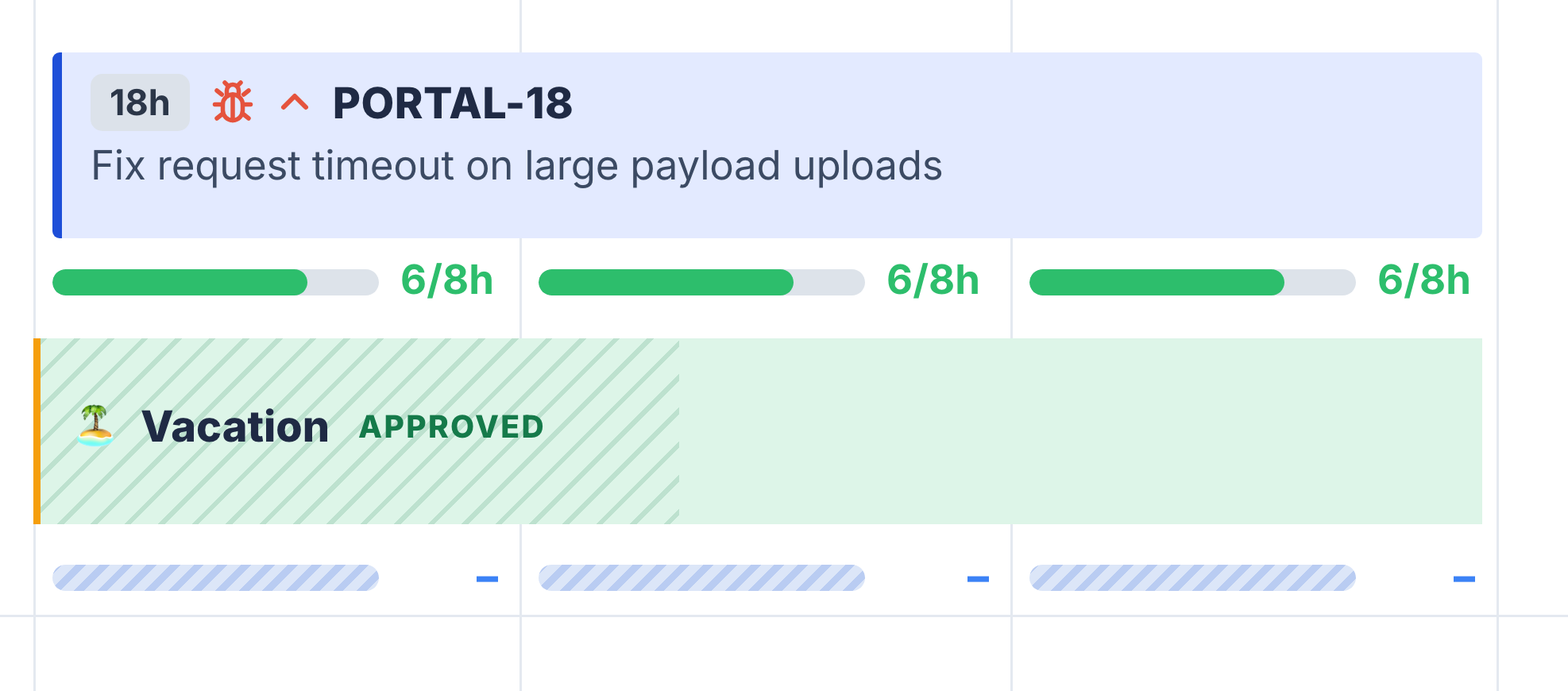 Scheduler close-up showing a Jira issue bar, daily workload indicators and an approved vacation block