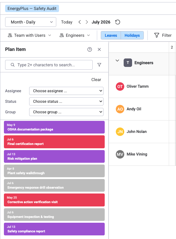 Item Box panel showing search bar, filters for Assignee, Status, Group, and Planned state, and a list of items