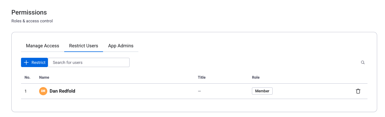 Permissions panel showing user roles and restricted access settings