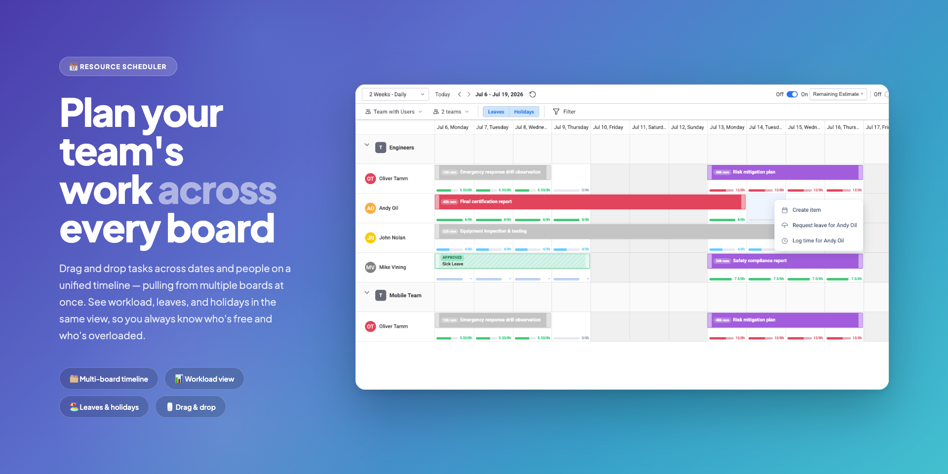 WorkHub Resource Scheduler showing a Gantt-style calendar with team tasks laid out across a weekly timeline inside monday.com