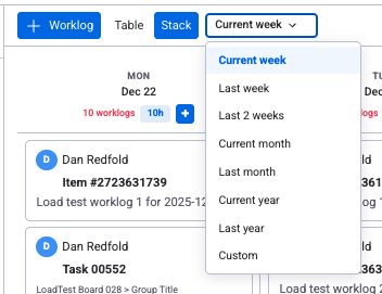 Date range dropdown with preset and custom options