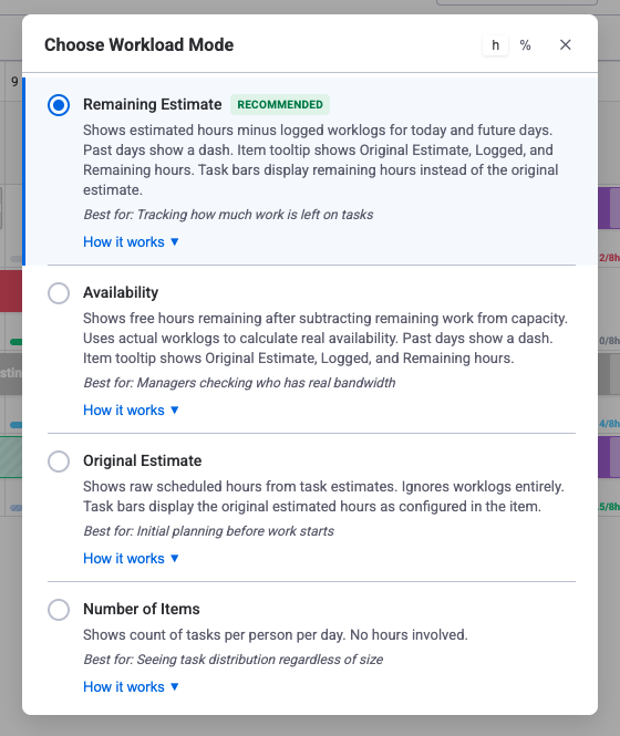 Workload mode selector showing all five modes