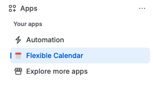 Confluence Apps menu with the Flexible Calendar entry highlighted under Your apps