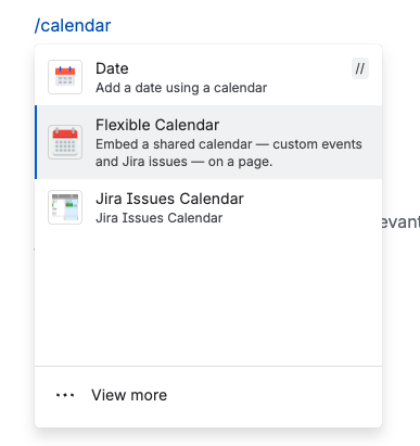 Confluence editor slash menu filtered to calendar, with the Flexible Calendar macro entry