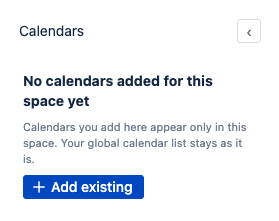 Space calendar empty state: no calendars added for this space yet, with an Add existing button