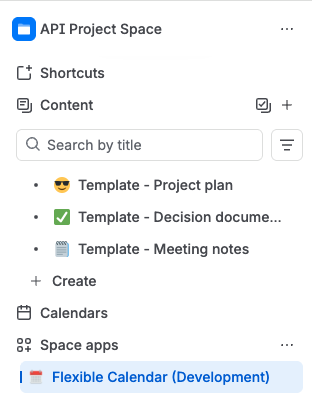 Confluence space sidebar with the Calendars entry and the Flexible Calendar space app