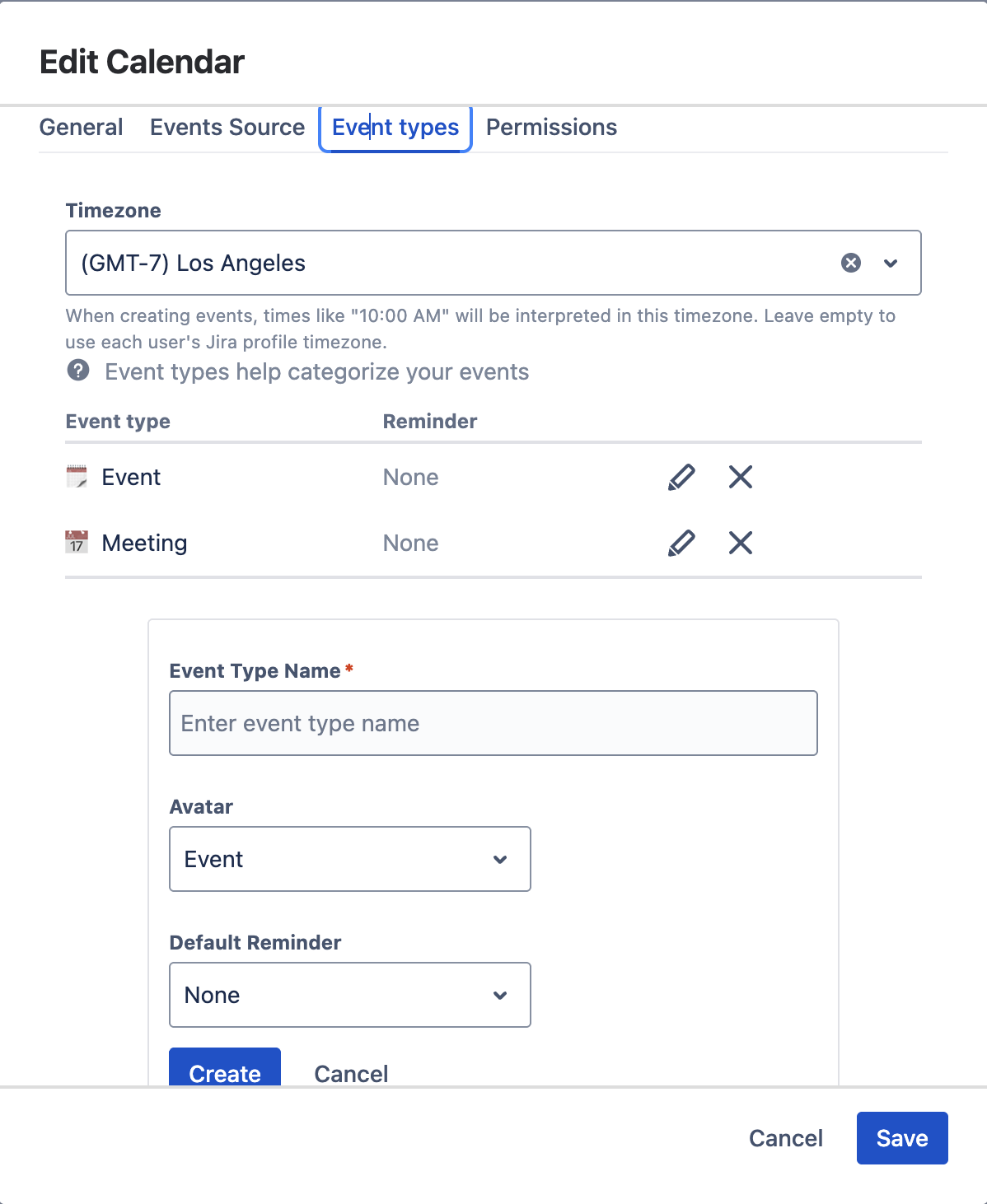 Create Calendar dialog — Event Types tab with timezone setting and event type list