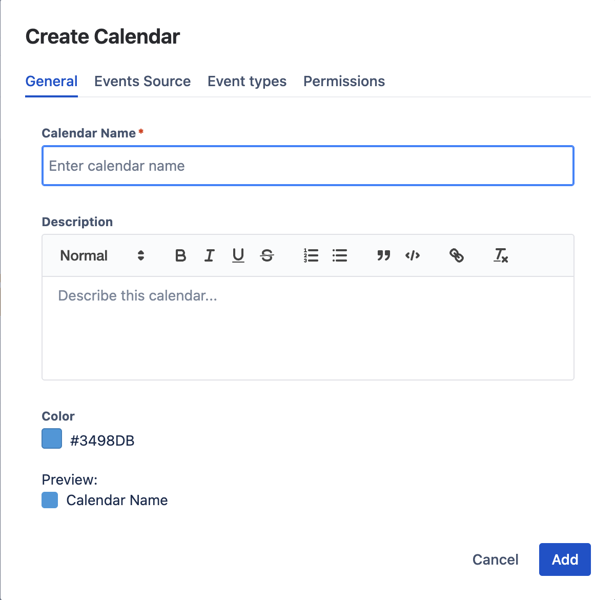Create Calendar dialog — General tab with name, description, and color fields