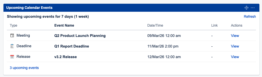 Upcoming Calendar Events Gadget View