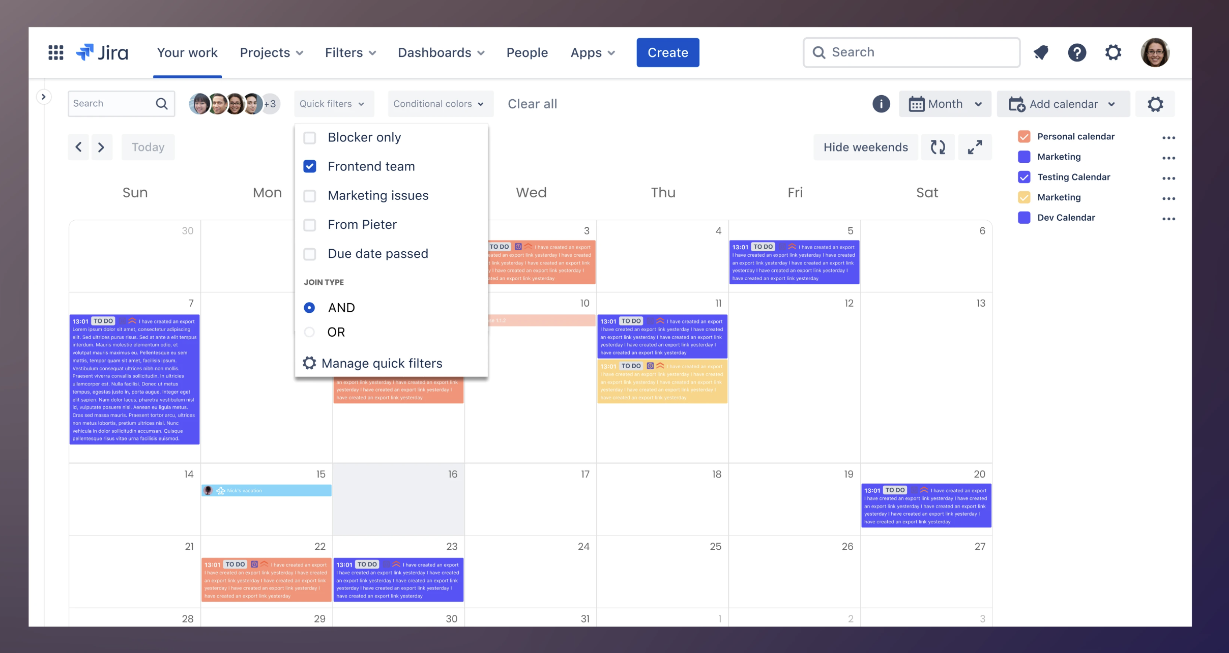 Doitb Calendar for Jira — Month view with quick filters and multiple calendars