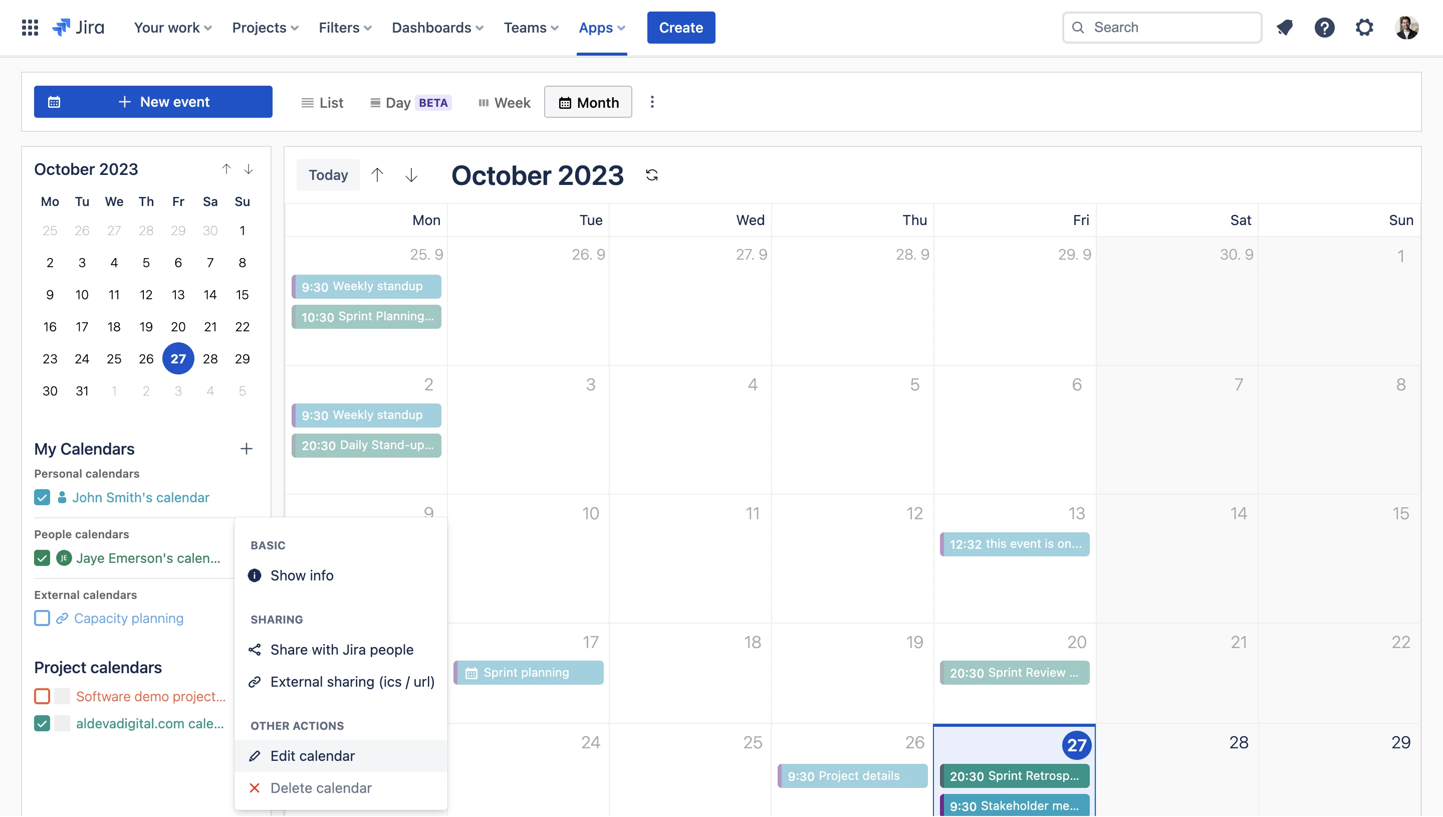 Event Calendar for Jira — Month view with project calendars and sharing options