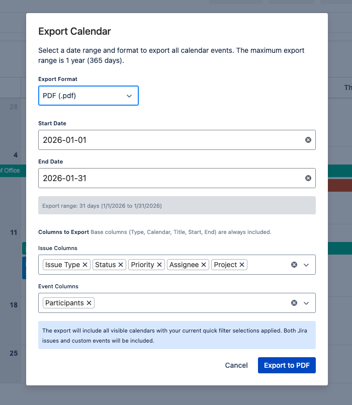 Export Calendar to PDF or Excel