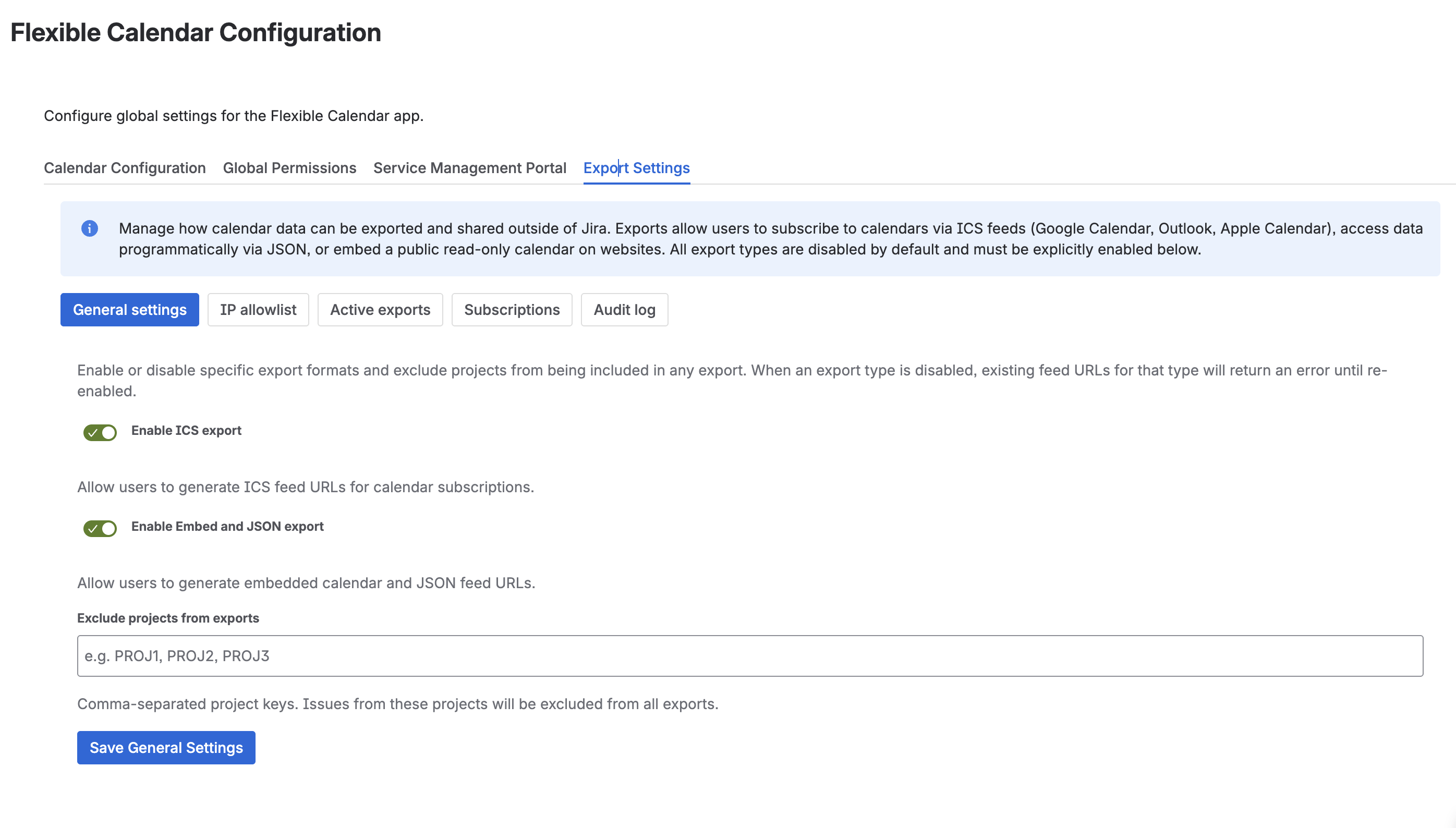 Export Settings General sub-tab with ICS, Embed, and JSON toggles