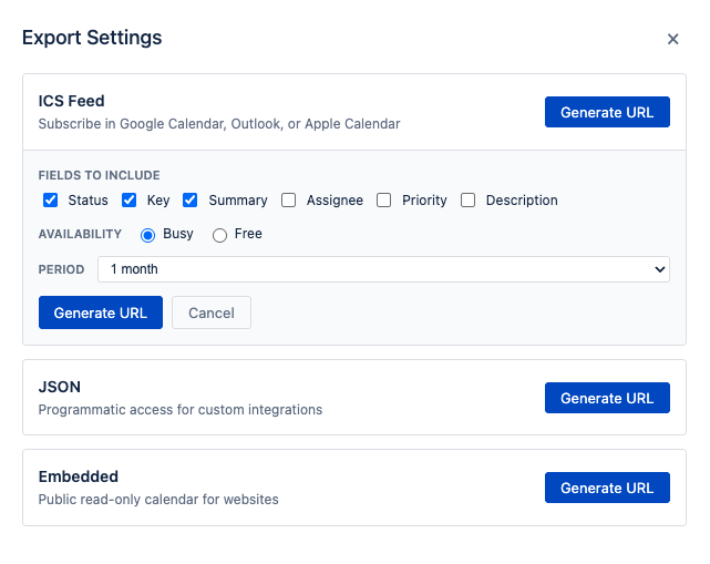Export Settings panel showing ICS Feed, JSON, and Embedded format cards