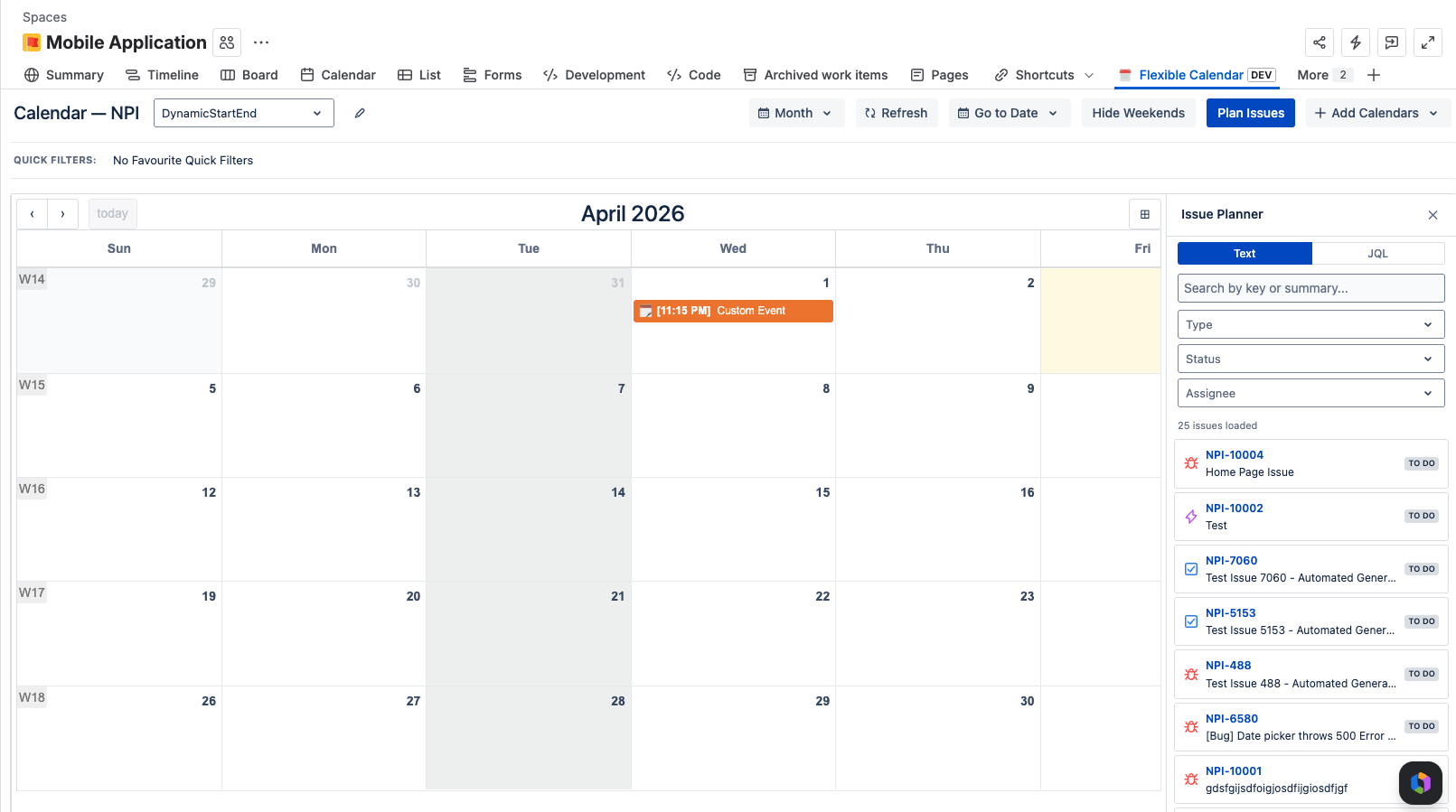 Project Calendar with Issue Planner panel showing unscheduled issues ready to be dragged onto calendar dates