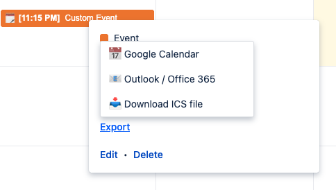 Event popup showing export dropdown with Google Calendar, Outlook, and ICS download options