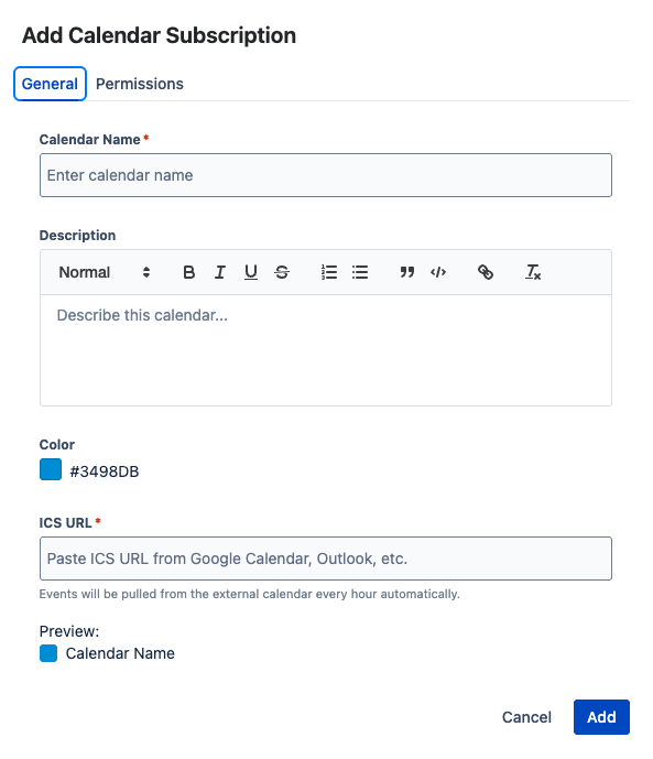 ICS Subscription dialog — General tab with calendar name, ICS URL, and color fields