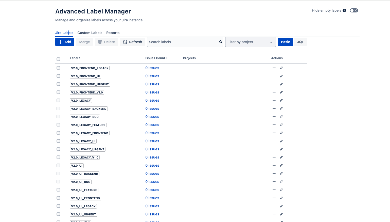 Global Label Management Page