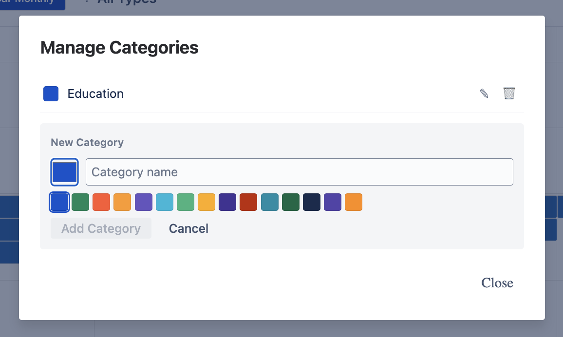 Manage Categories Dialog
