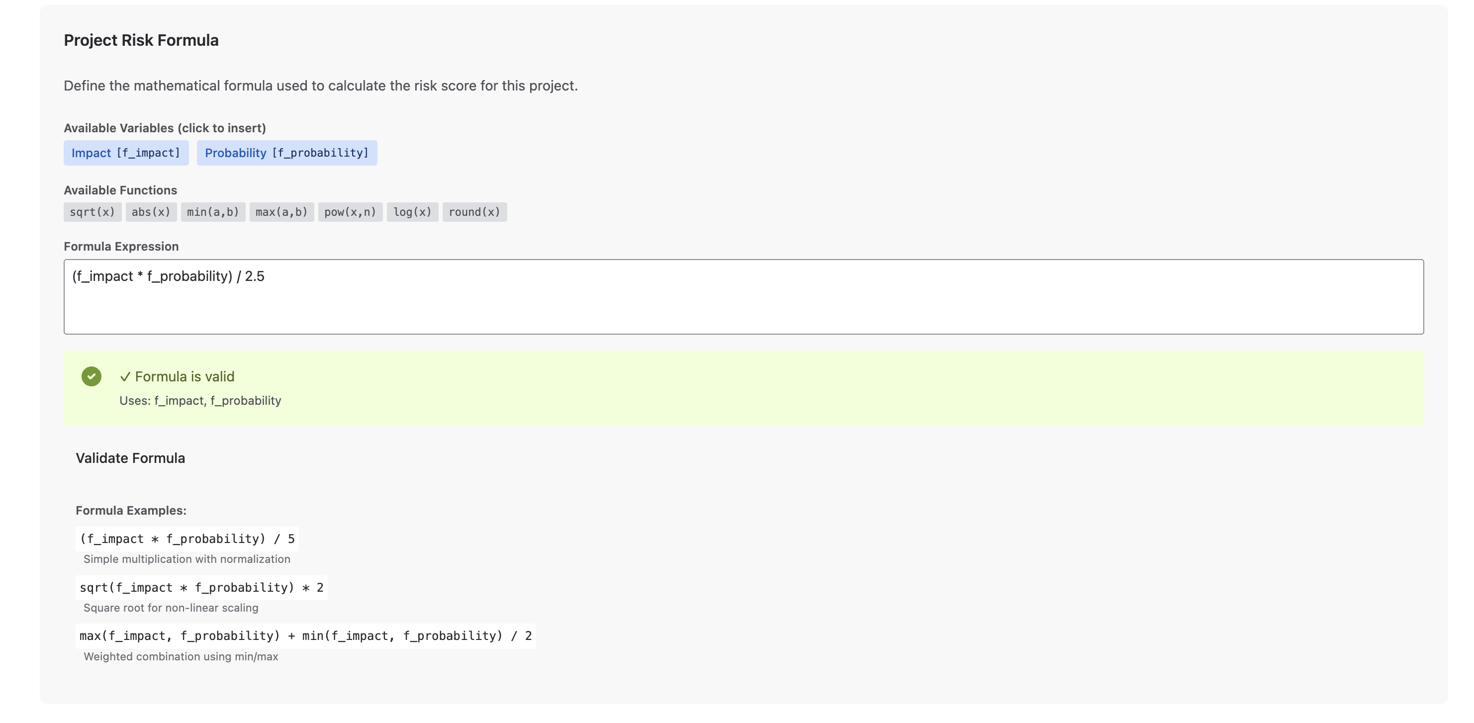 Risk Assessment Formula Configuration