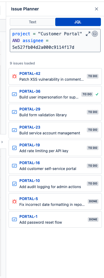 Issue Planner sidebar with JQL search and drag-to-schedule