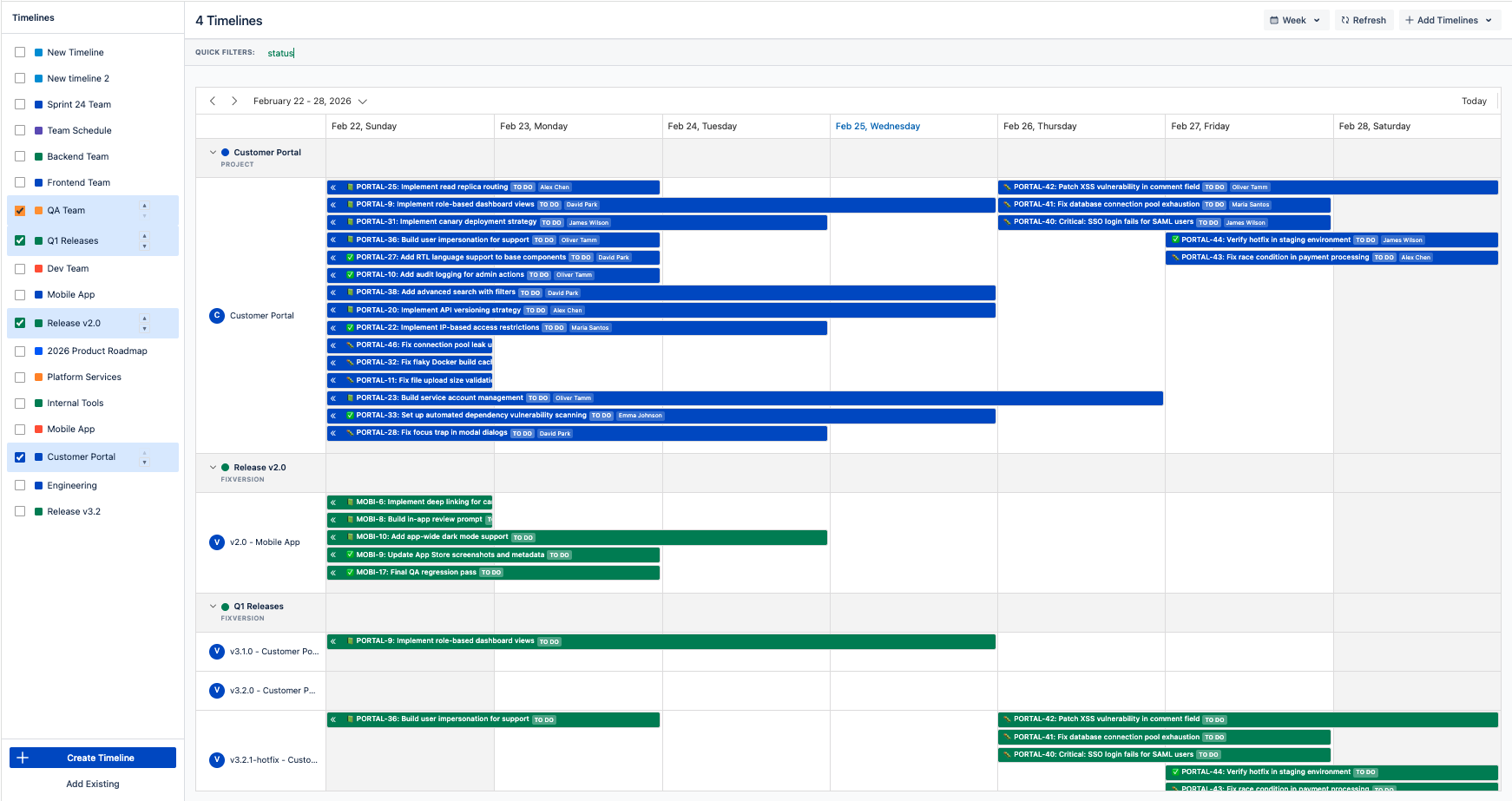 Multiple timelines displayed side-by-side