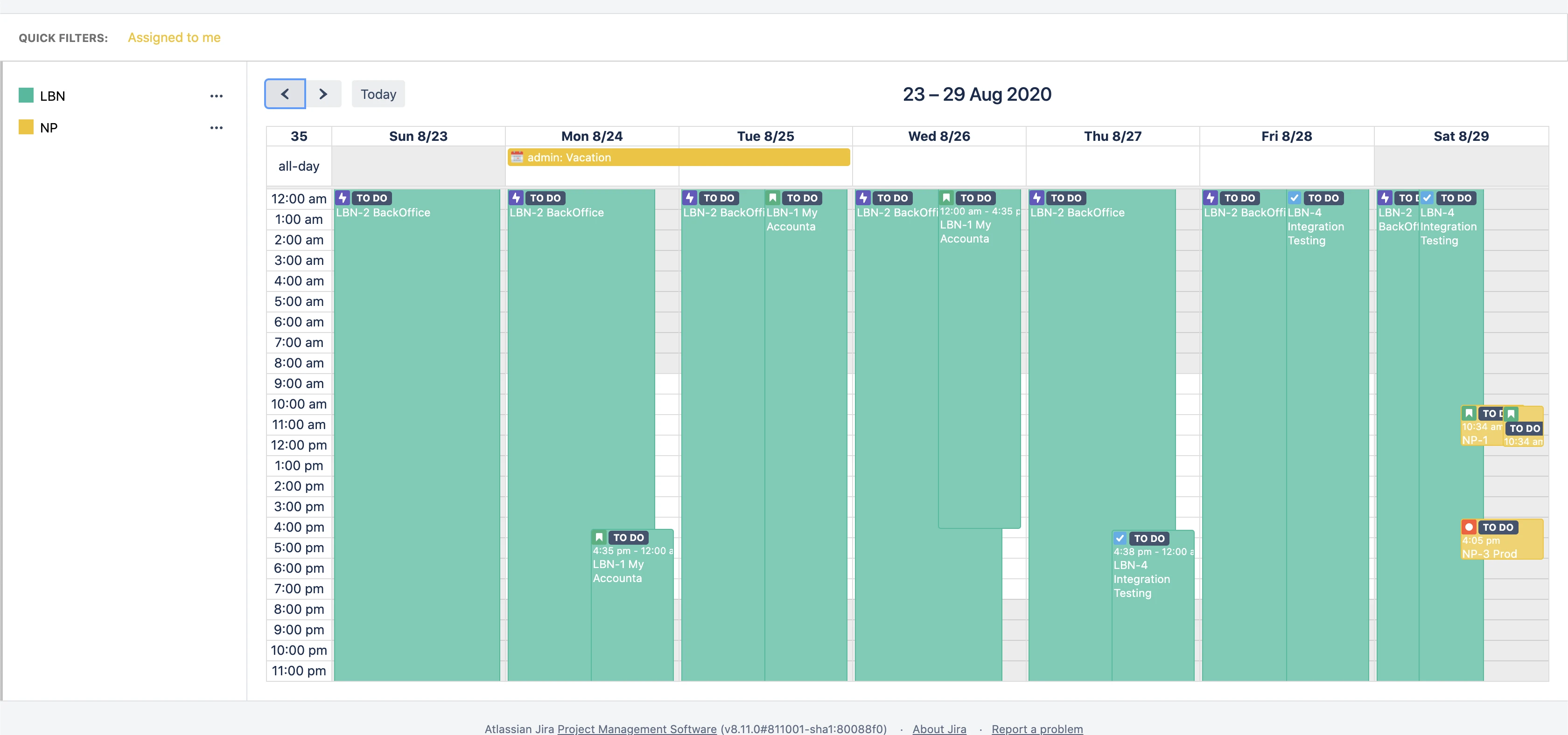 Week View showing a 7-day time grid with hourly slots and events
