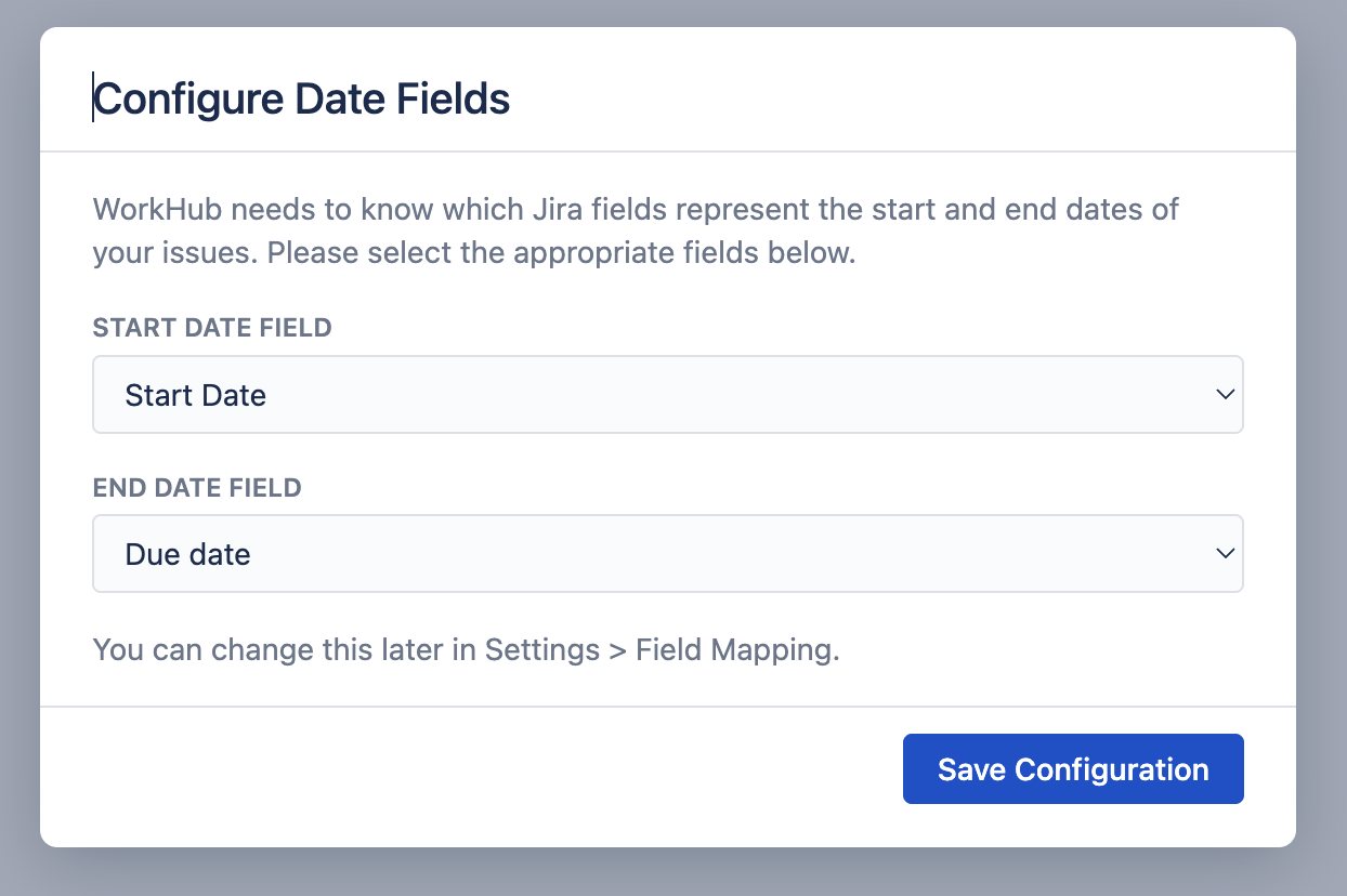 Field Setup Dialog showing Start Date and End Date field dropdowns with pre-selected defaults