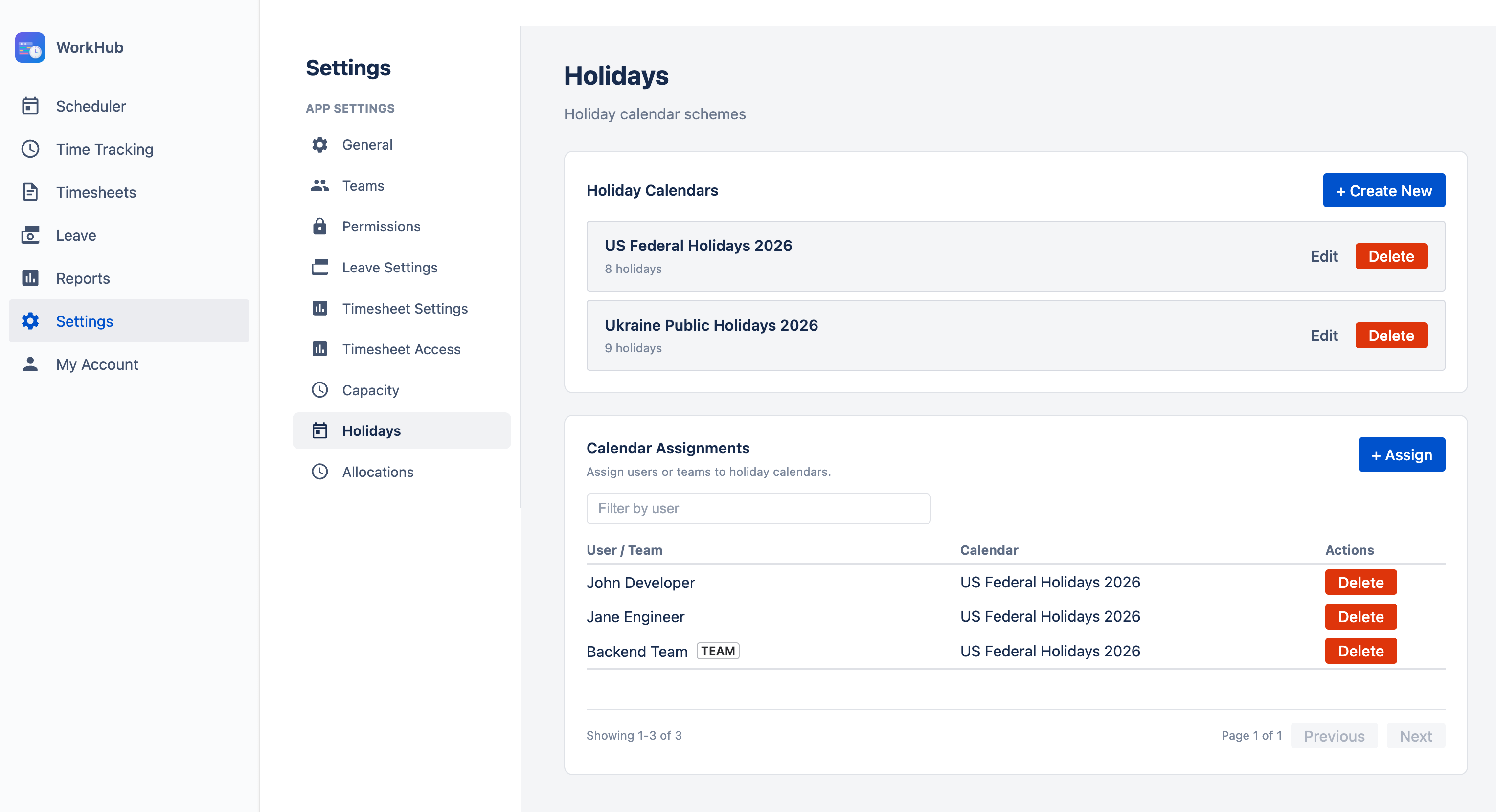 Holiday Calendars management panel