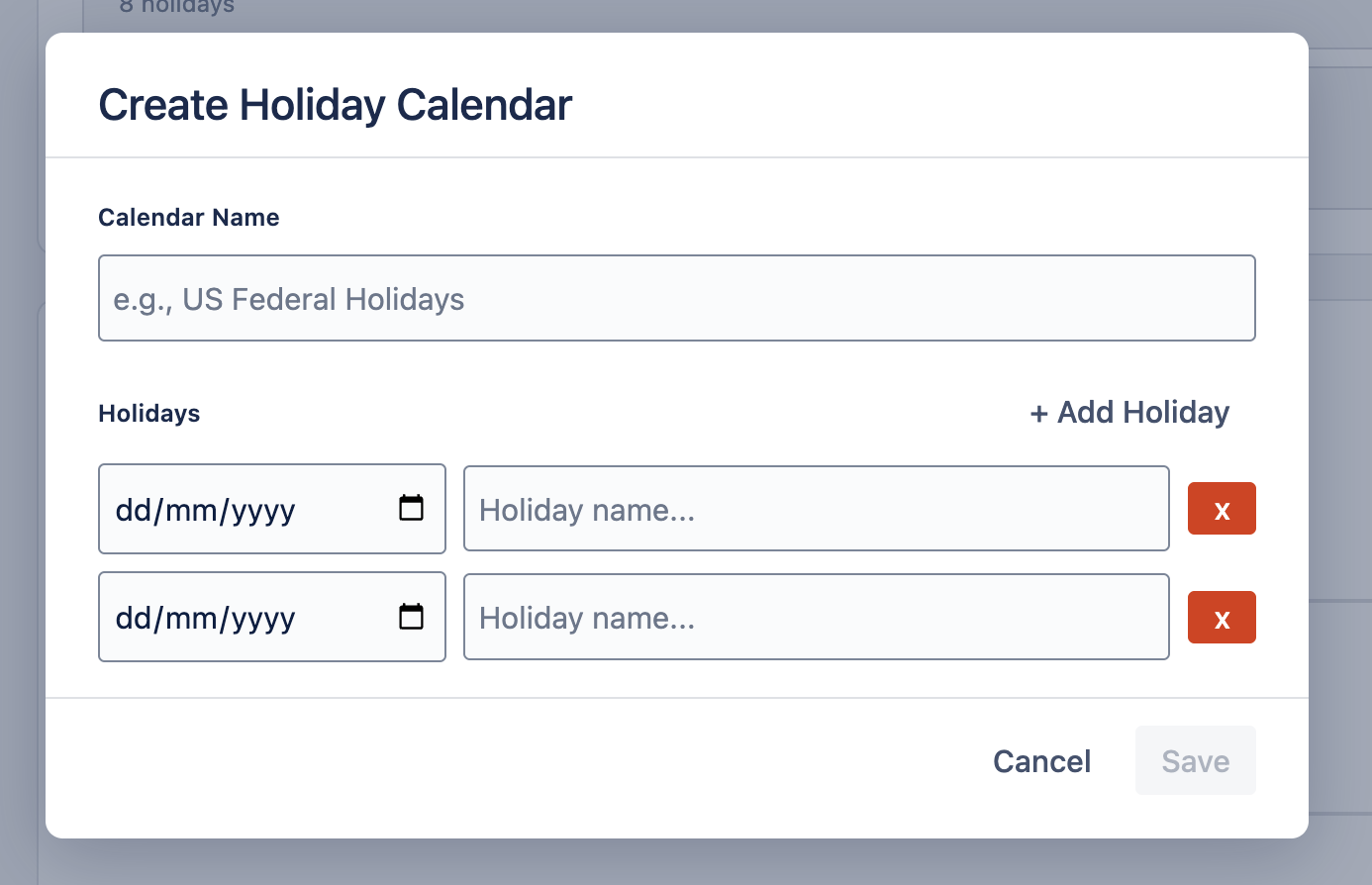 Create Holiday Calendar Dialog