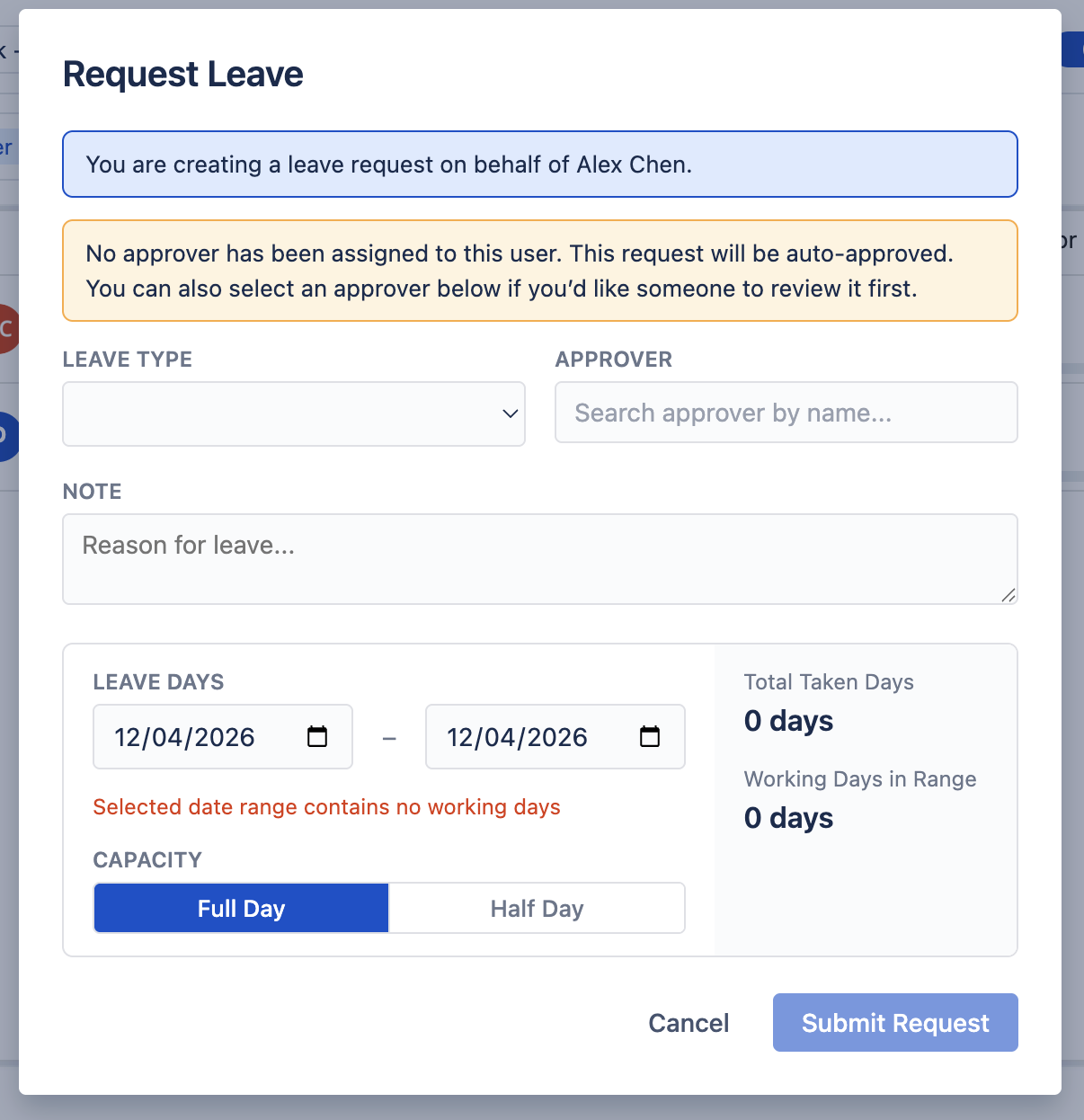 Creating leave on behalf of another user