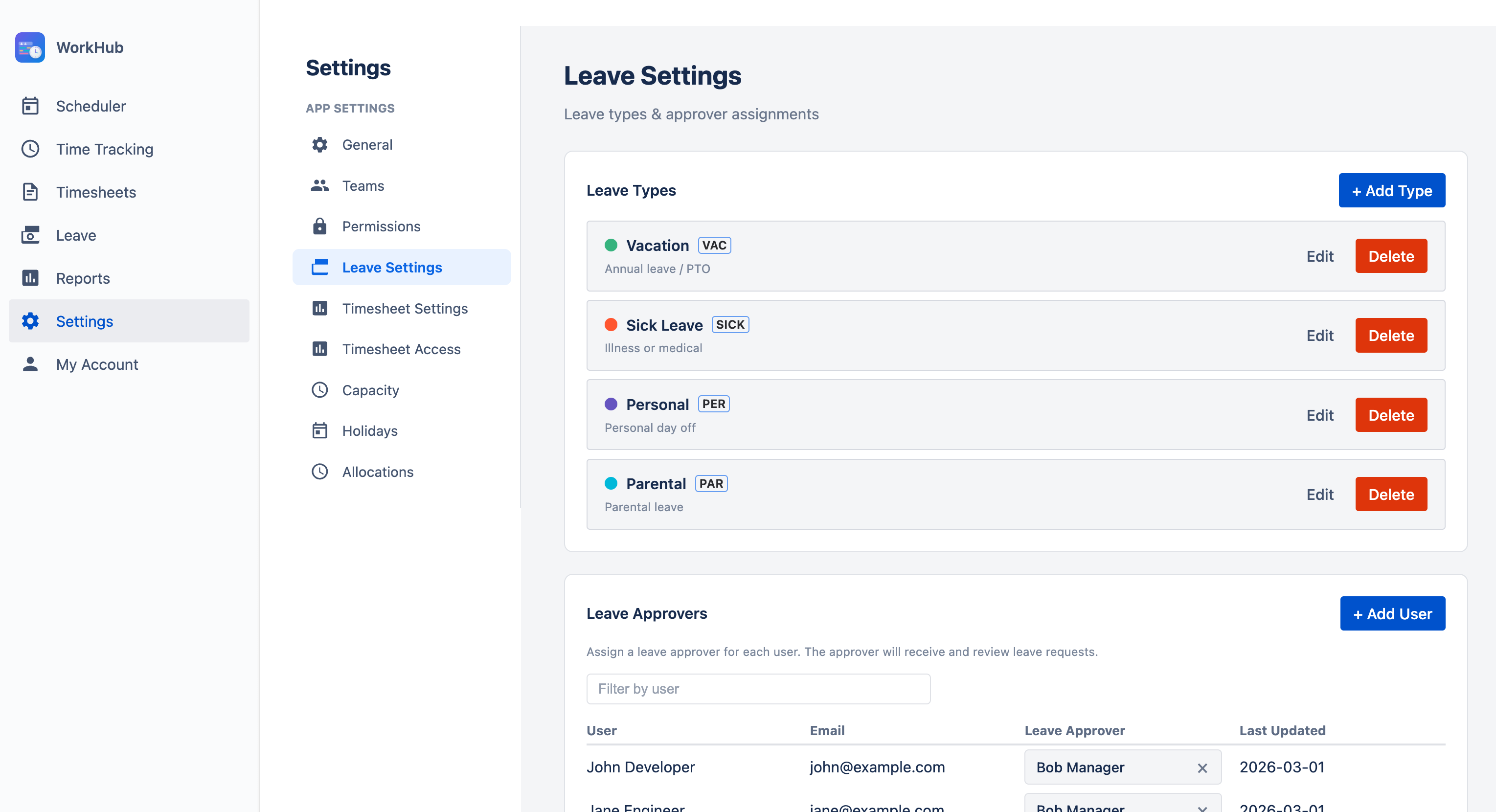 Leave Types configuration in Settings