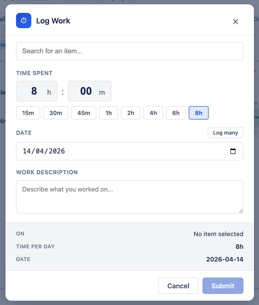 Log Work dialog showing issue picker, time spent input with quick-select buttons, date selector, and description field