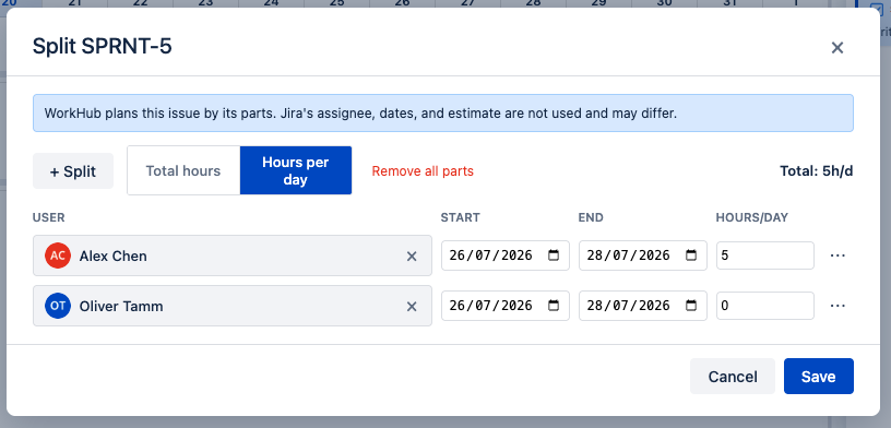 Split Issue dialog with per-user parts, dates, and hours