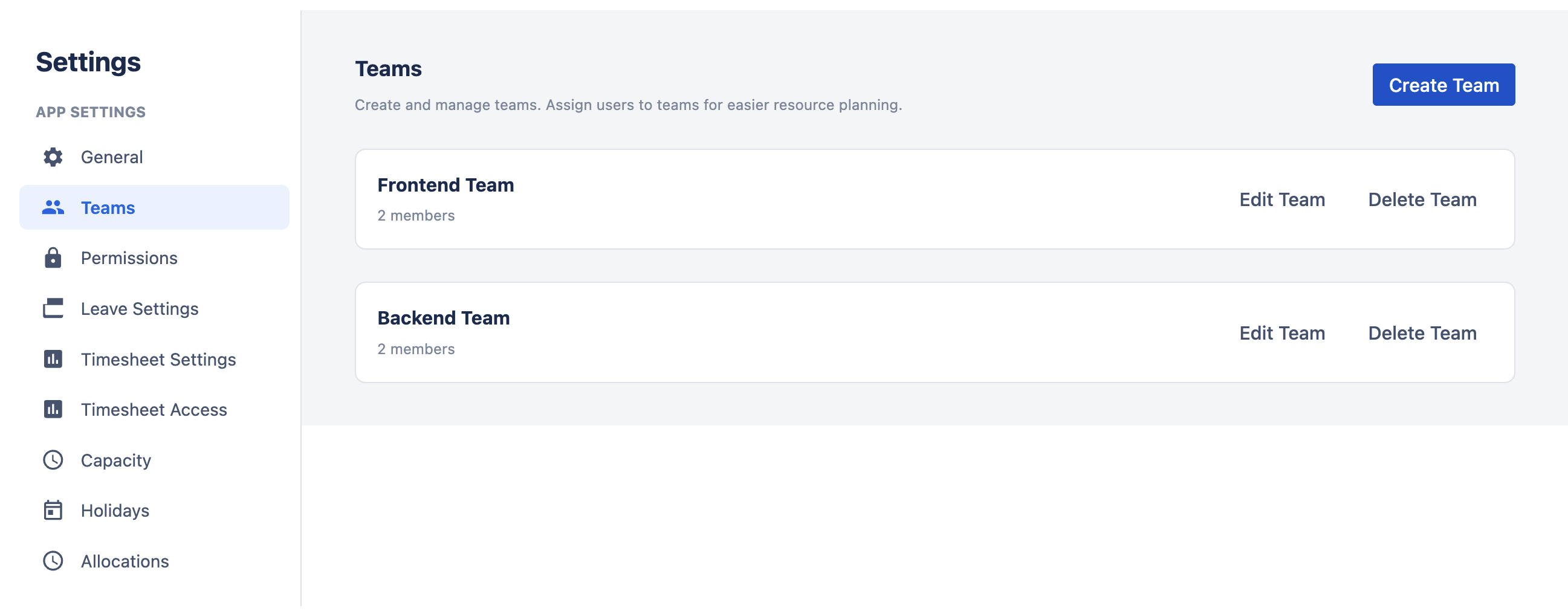 Teams list in Settings showing configured teams with member counts and edit/delete actions
