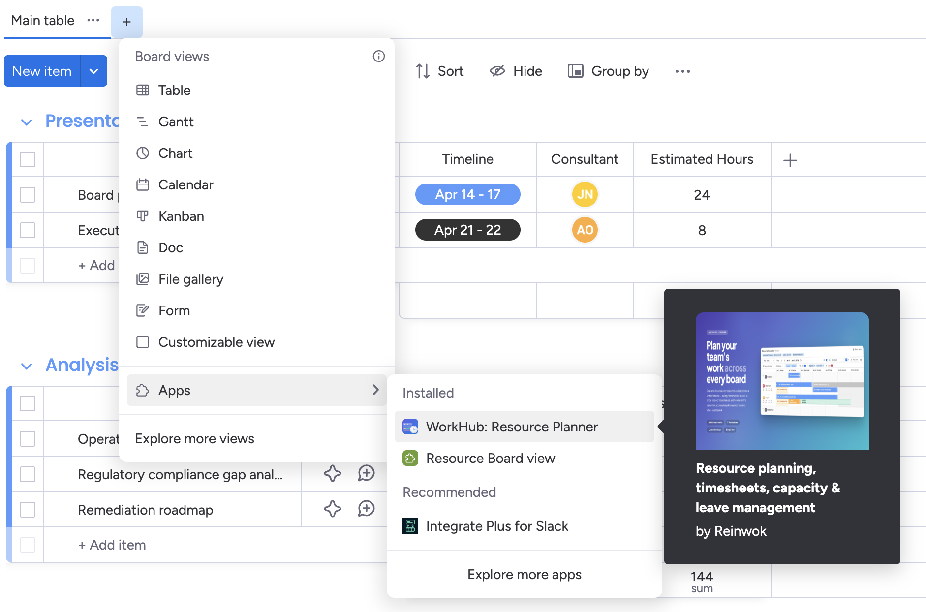 monday.com Board views menu with the Apps submenu open, showing WorkHub: Resource Planner under Installed apps by Reinwok
