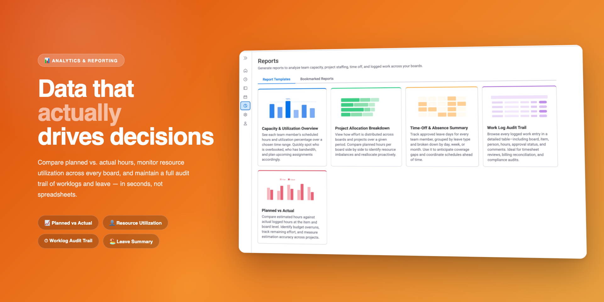Reports dashboard displaying utilization charts, project allocation breakdowns, and exportable data tables