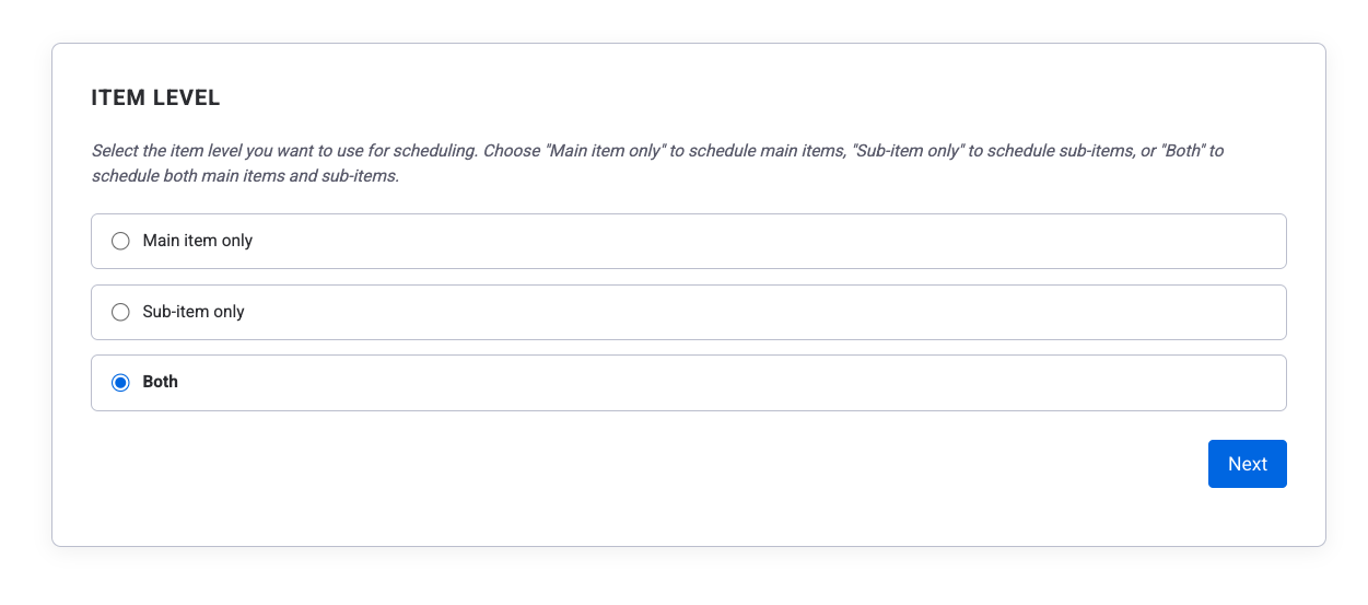 Board setup wizard step 1: Item Level selection — Main item only, Sub-item only, or Both